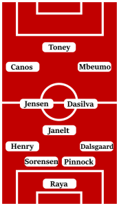 Possible Line-Up (4-3-3): Raya; Dalsgaard, Pinnock, Sorensen, Henry; Janelt, Dasilva, Jensen; Mbeumo, Canos, Toney.